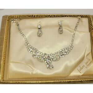Vintage Leo Glass Rhinestone Necklace & Earrings Set from "Jewels of Fashion"
